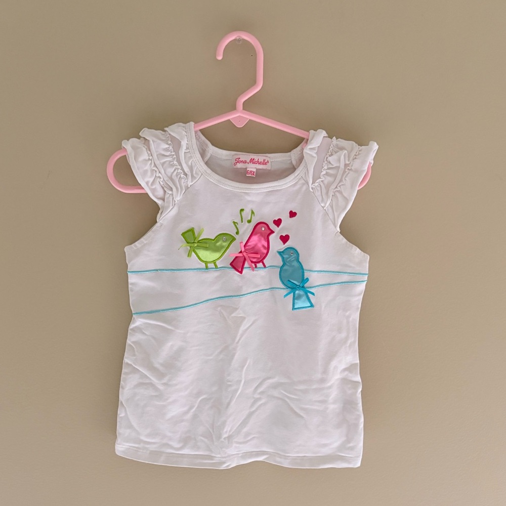 Jona Michelle Girls White Tank with Pink, Green & Blue Bird Appliques